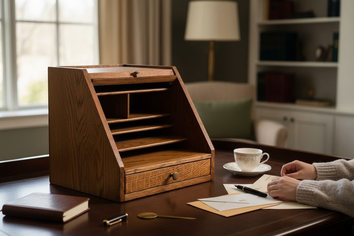 Vintage quarter-sawn oak slant-front desk organizer with cubbies and pull-out writing tray. Solid, functional mid-century design in very good condition.