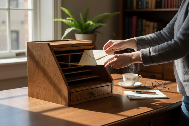 Vintage quarter-sawn oak slant-front desk organizer with cubbies and pull-out writing tray. Solid, functional mid-century design in very good condition.