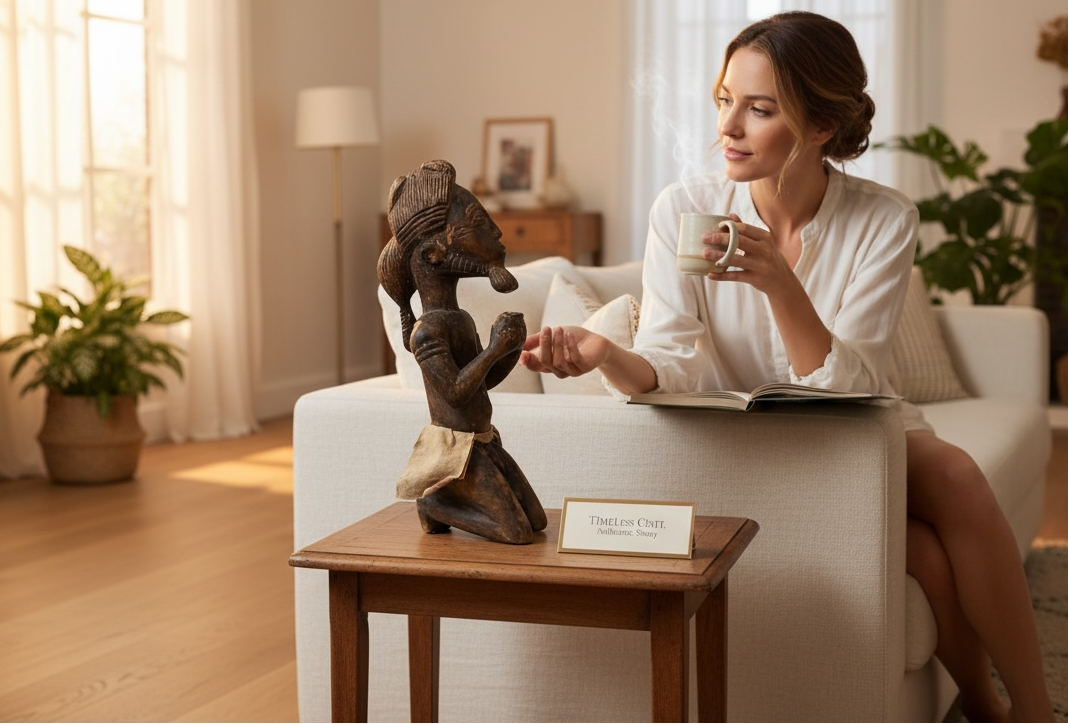 Mid-century African Baule-style carved kneeling figure with aged patina and cloth wrap. Vintage West African sculpture, approx. 11 inches tall.