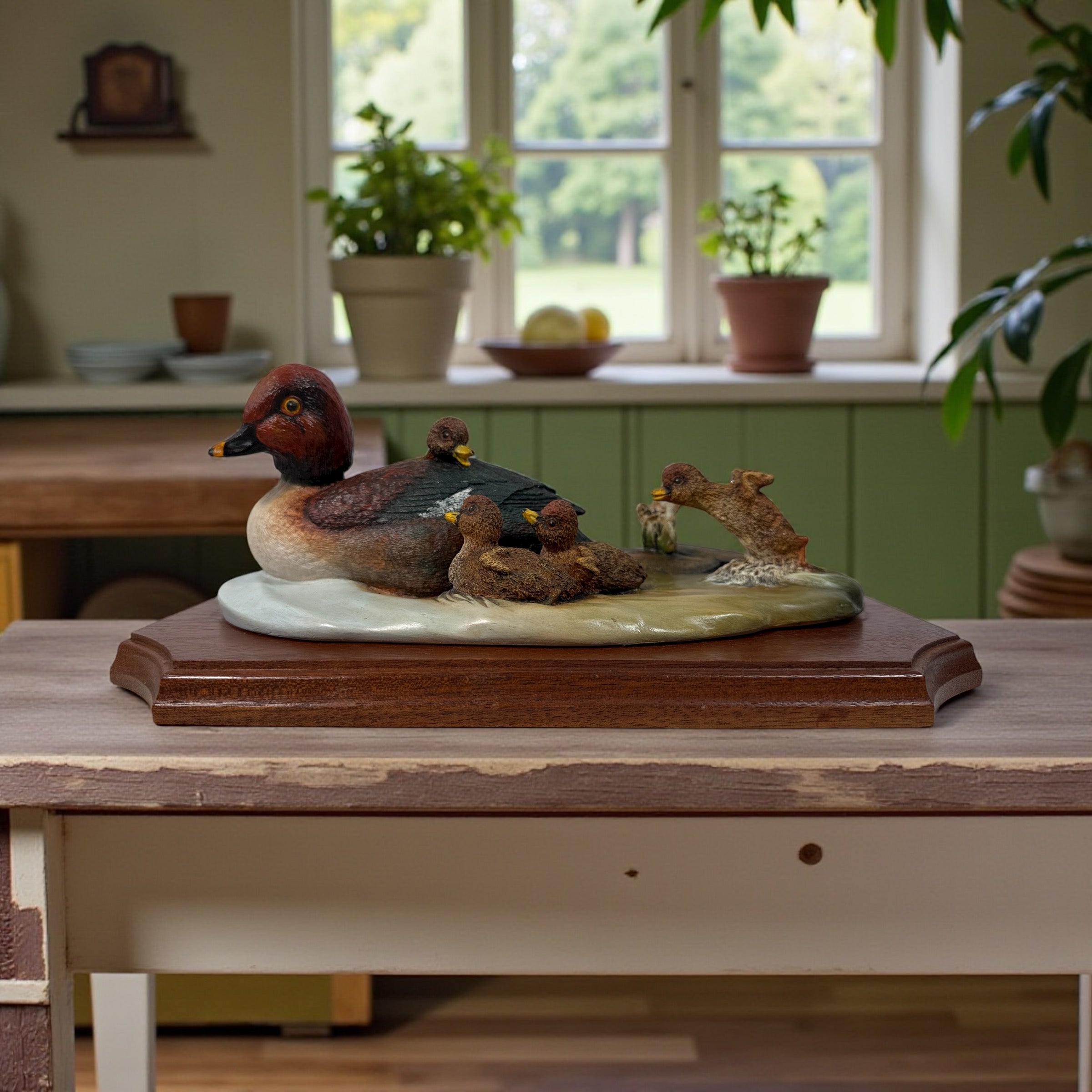 Early-number 1980 Bossons Crown Collection “First Outing” Goldeneye Ducks plaque. Hand-painted, excellent condition, original hardwood mount.