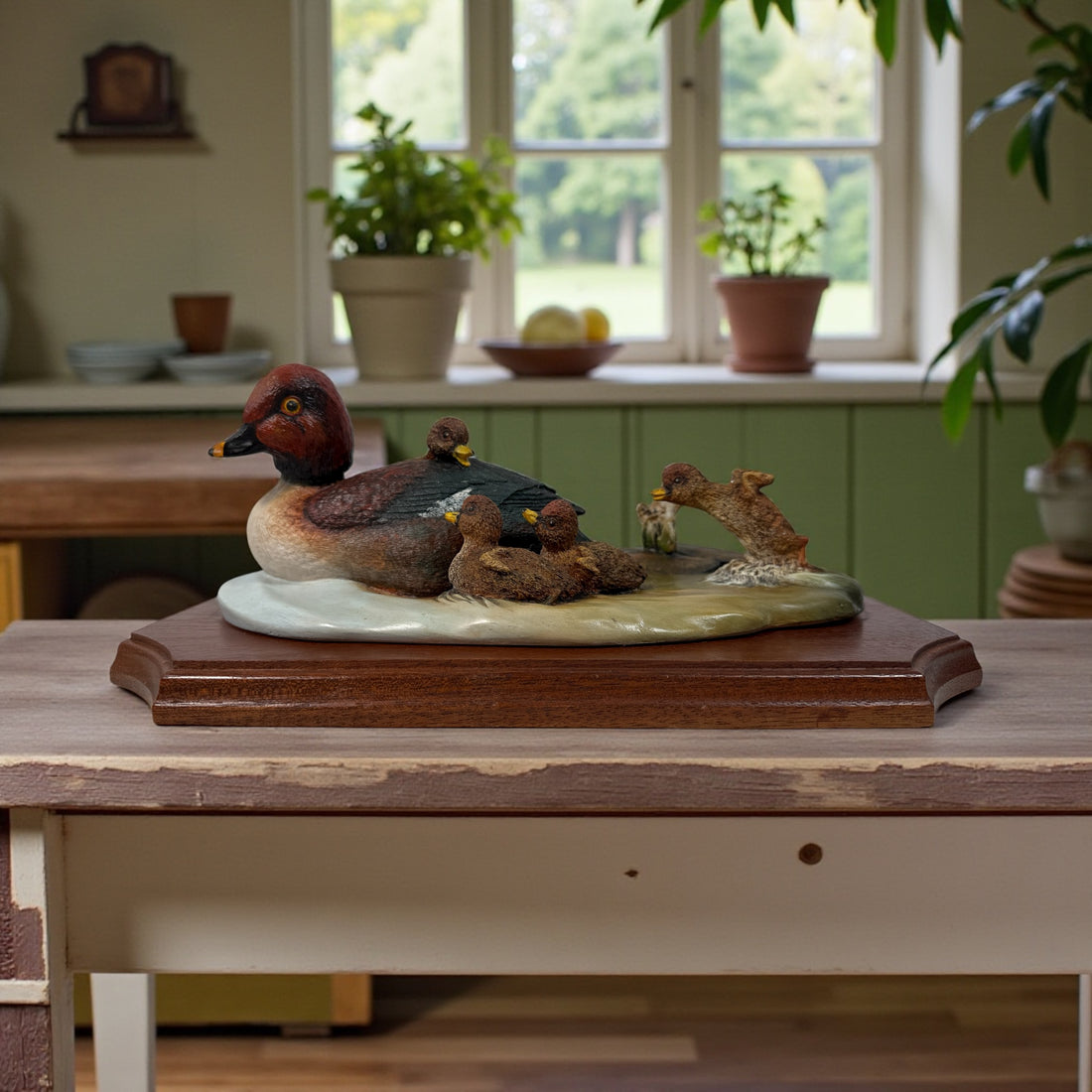 Early-number 1980 Bossons Crown Collection “First Outing” Goldeneye Ducks plaque. Hand-painted, excellent condition, original hardwood mount.