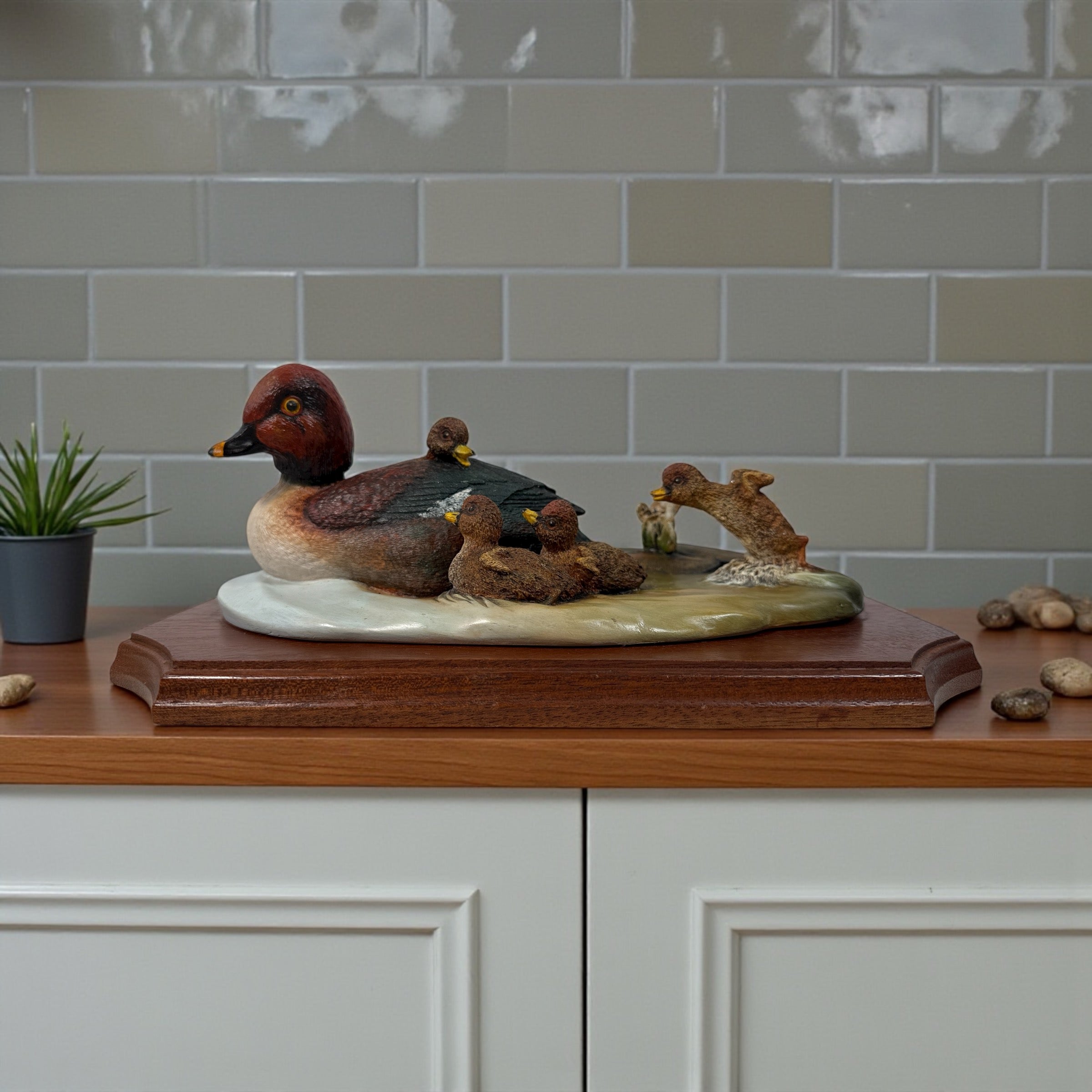 Early-number 1980 Bossons Crown Collection “First Outing” Goldeneye Ducks plaque. Hand-painted, excellent condition, original hardwood mount.