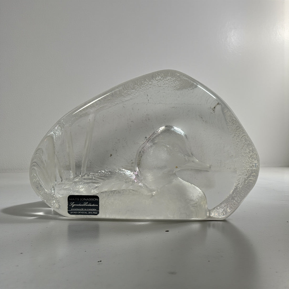 Vintage Mats Jonasson Swedish lead crystal duck paperweight. Heavy art glass wildlife sculpture with original label, collectible Scandinavian décor piece.