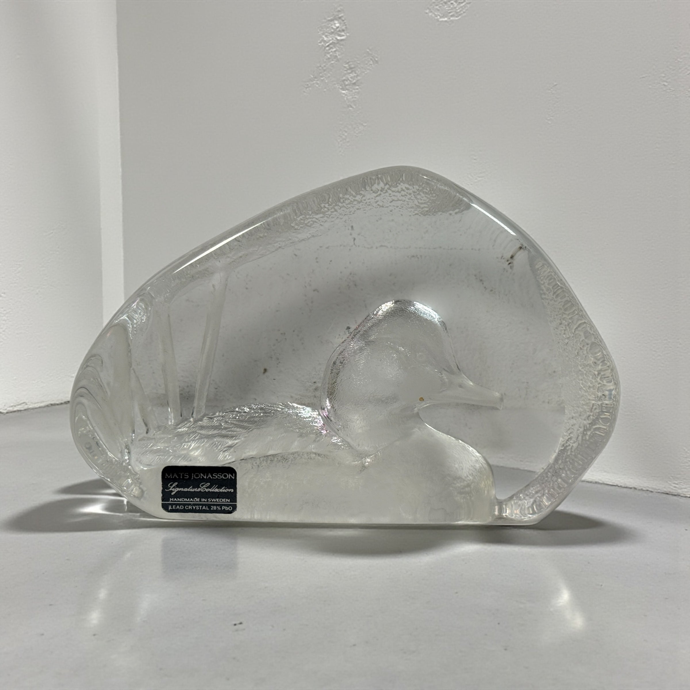 Vintage Mats Jonasson Swedish lead crystal duck paperweight. Heavy art glass wildlife sculpture with original label, collectible Scandinavian décor piece.