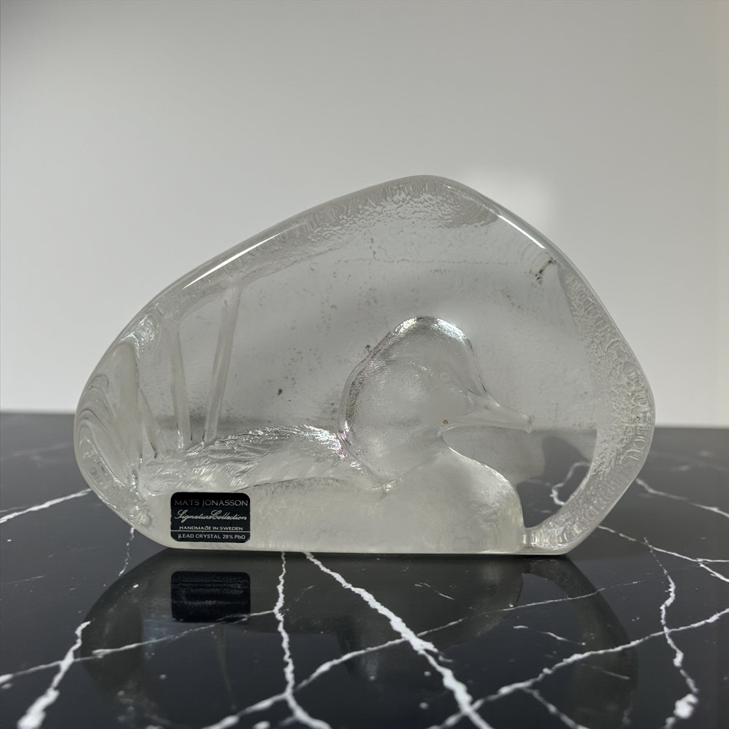 Vintage Mats Jonasson Swedish lead crystal duck paperweight. Heavy art glass wildlife sculpture with original label, collectible Scandinavian décor piece.