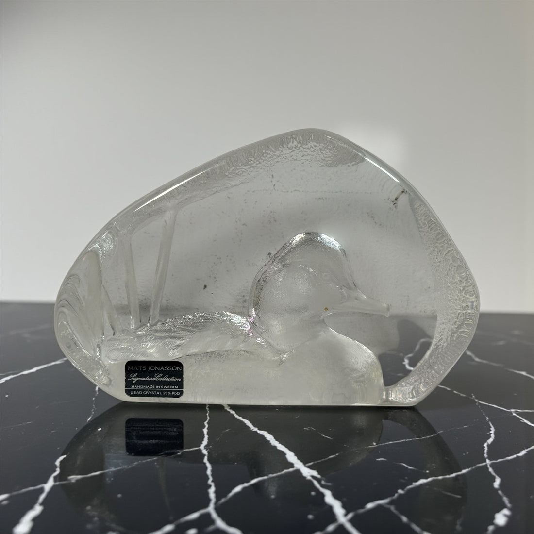 Vintage Mats Jonasson Swedish lead crystal duck paperweight. Heavy art glass wildlife sculpture with original label, collectible Scandinavian décor piece.