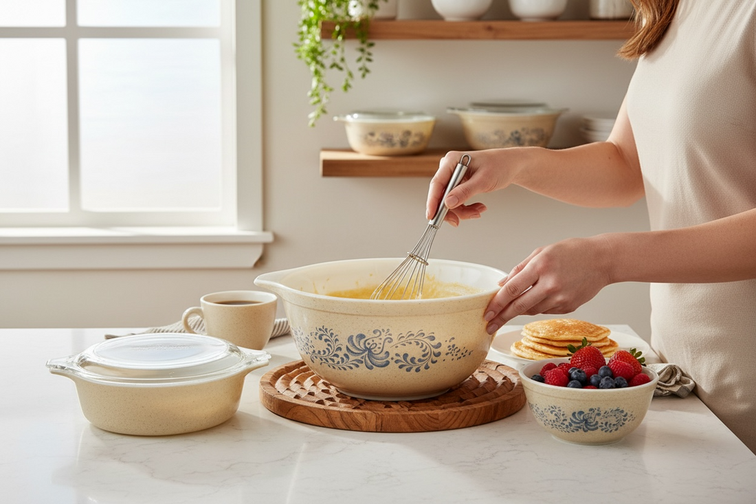 Vintage Pyrex Homestead blue floral mixing bowls and casserole dishes with lids. Classic farmhouse kitchenware set, durable glass, collectible and practical.
