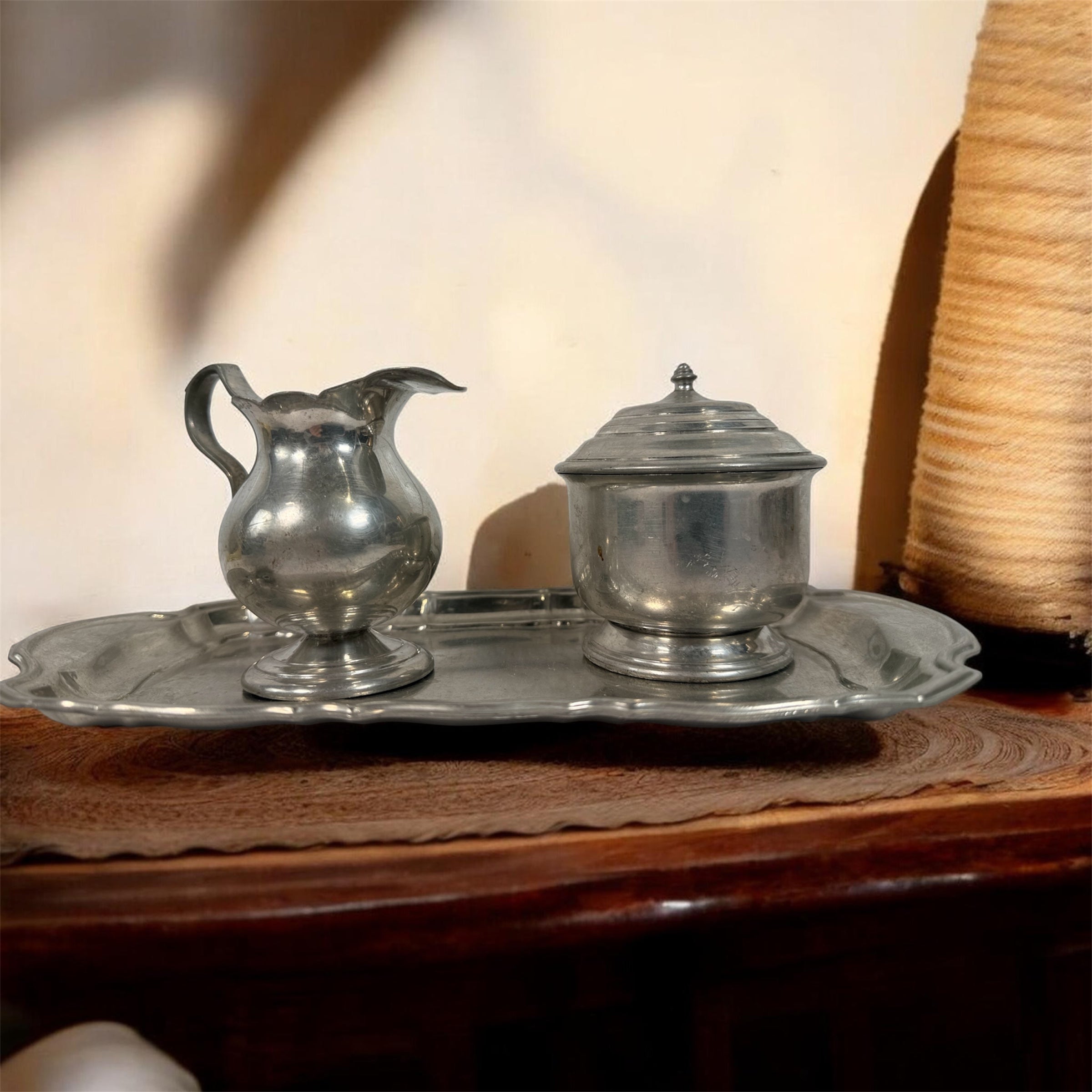 Vintage Stieff Pewter Colonial Williamsburg creamer sugar bowl tray set. Classic American traditional tableware with matching pieces and tray.