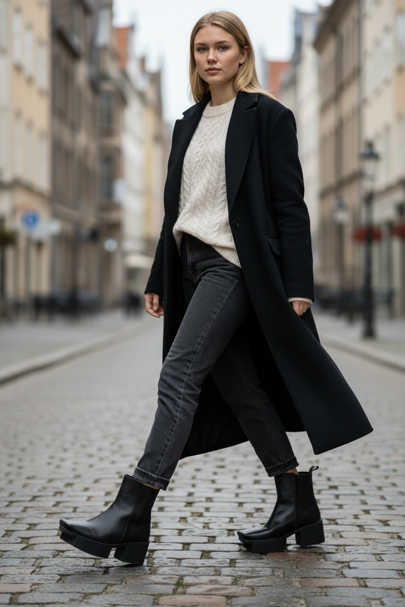 Trippen Glück black leather platform ankle boots in EU 39 with iconic sculpted sole and avant-garde German designer styling.