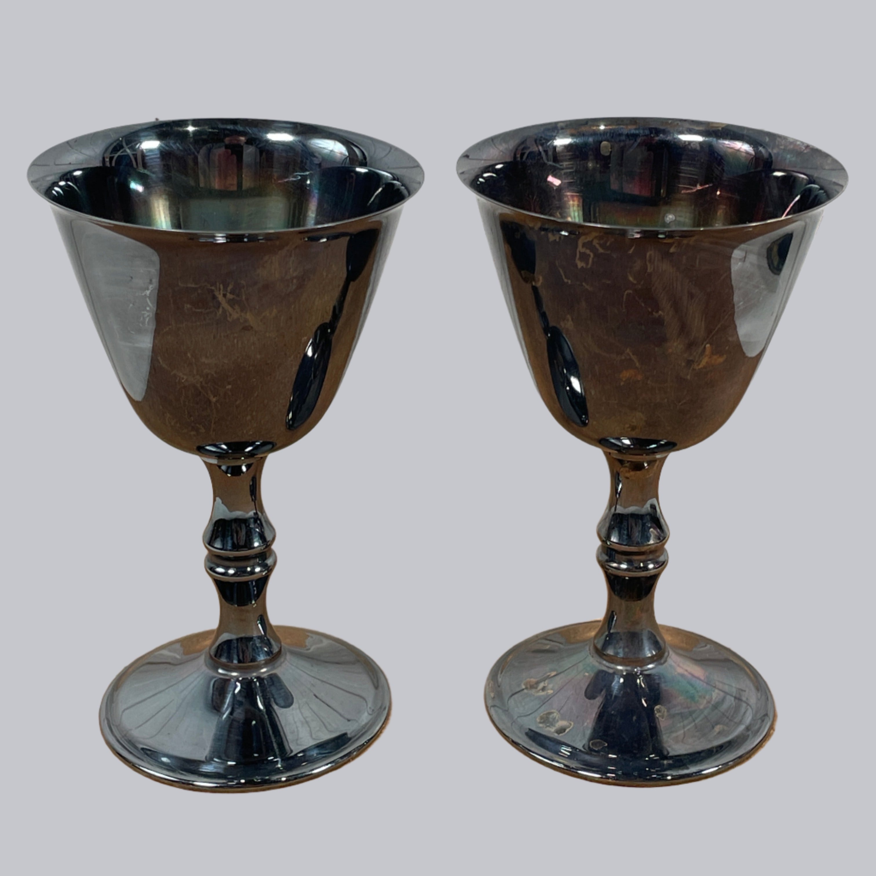 Vintage, Pair of Birks Primrose EP. Brass Wine Goblets Canada, Marked 3 oz. 5"Tall