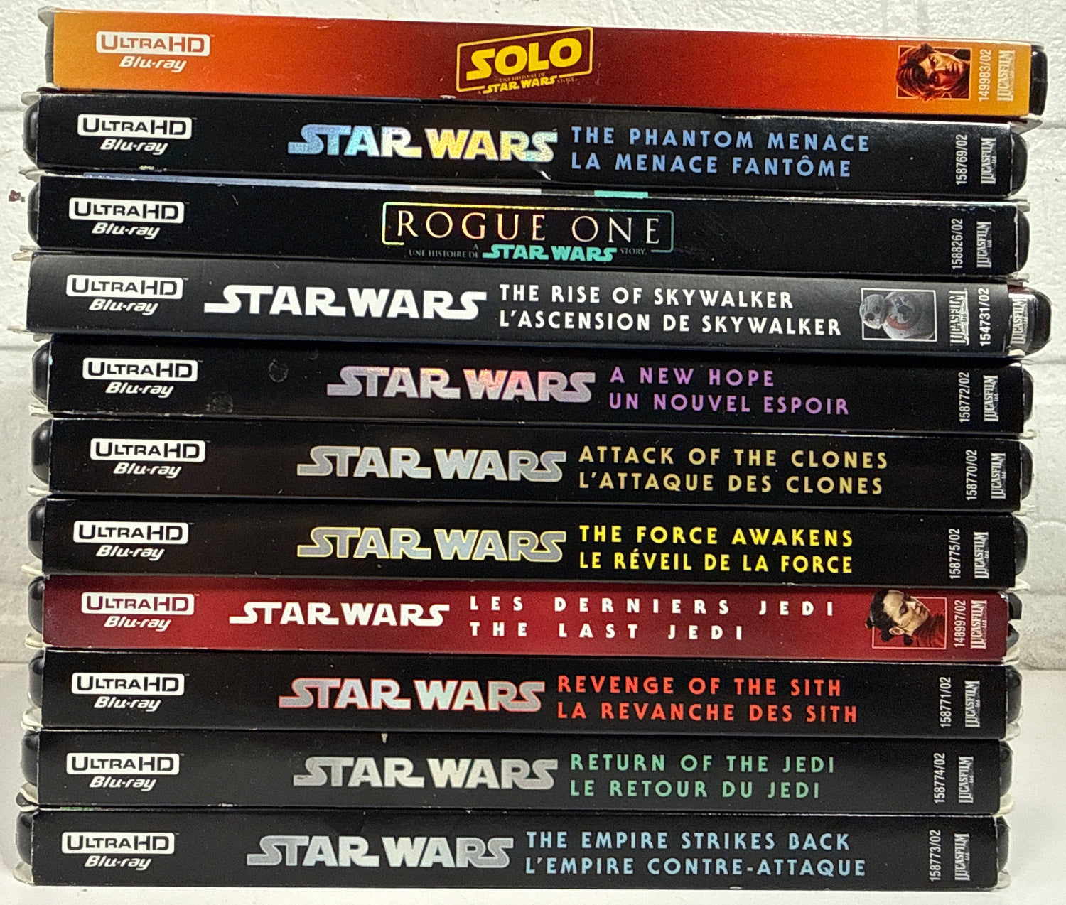 Complete 11-movie Star Wars 4K Ultra HD Blu-ray collection with original slipcovers, including Rogue One and Solo. Official Disney releases in excellent pre-owned condition.
