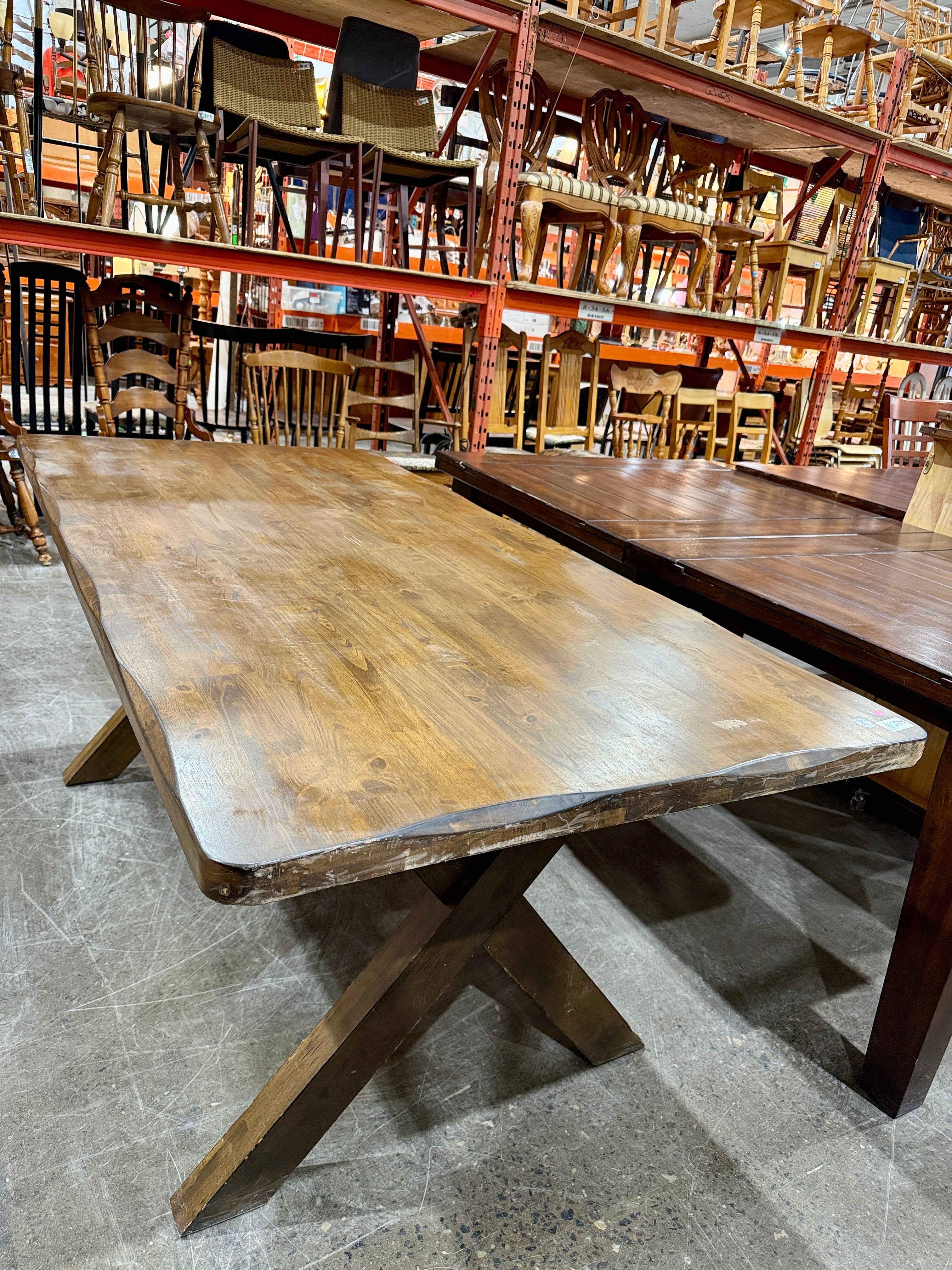 Rustic Farmhouse Wood Dining Table, Trestle Base, Solid Wood Top.