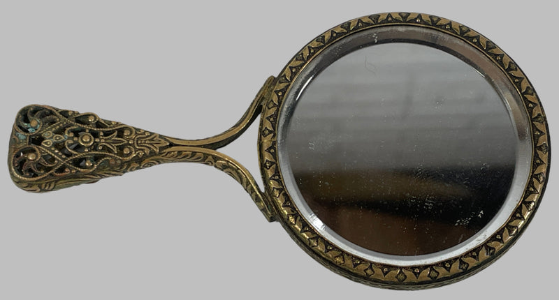 Antique Small Mirror in Brass Decorative Pattern. Embroidery on the Back