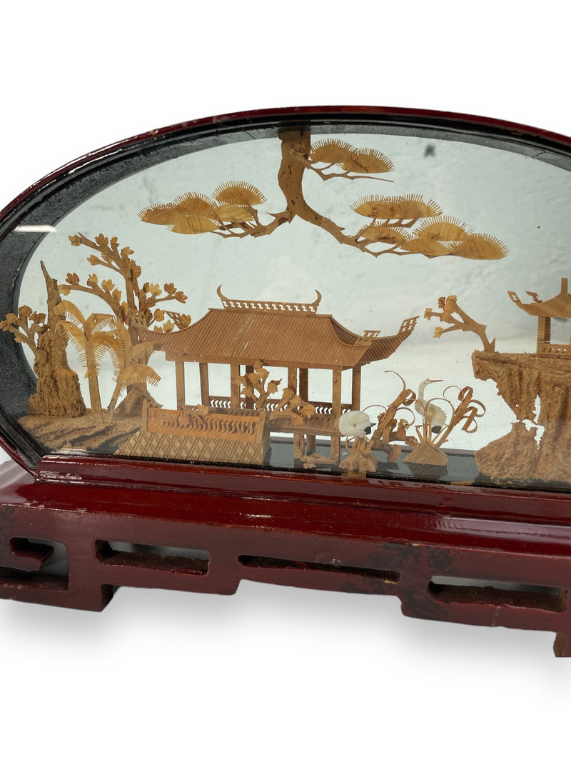 Vintage Hand Carved Asian Cork Diorama in Display Case 10 inches