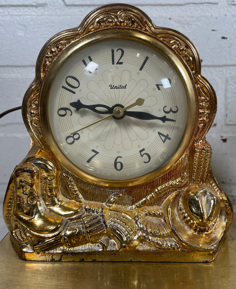 Vintage UNITED Horse Clock Brass Tone Metal Base, Works Excellent