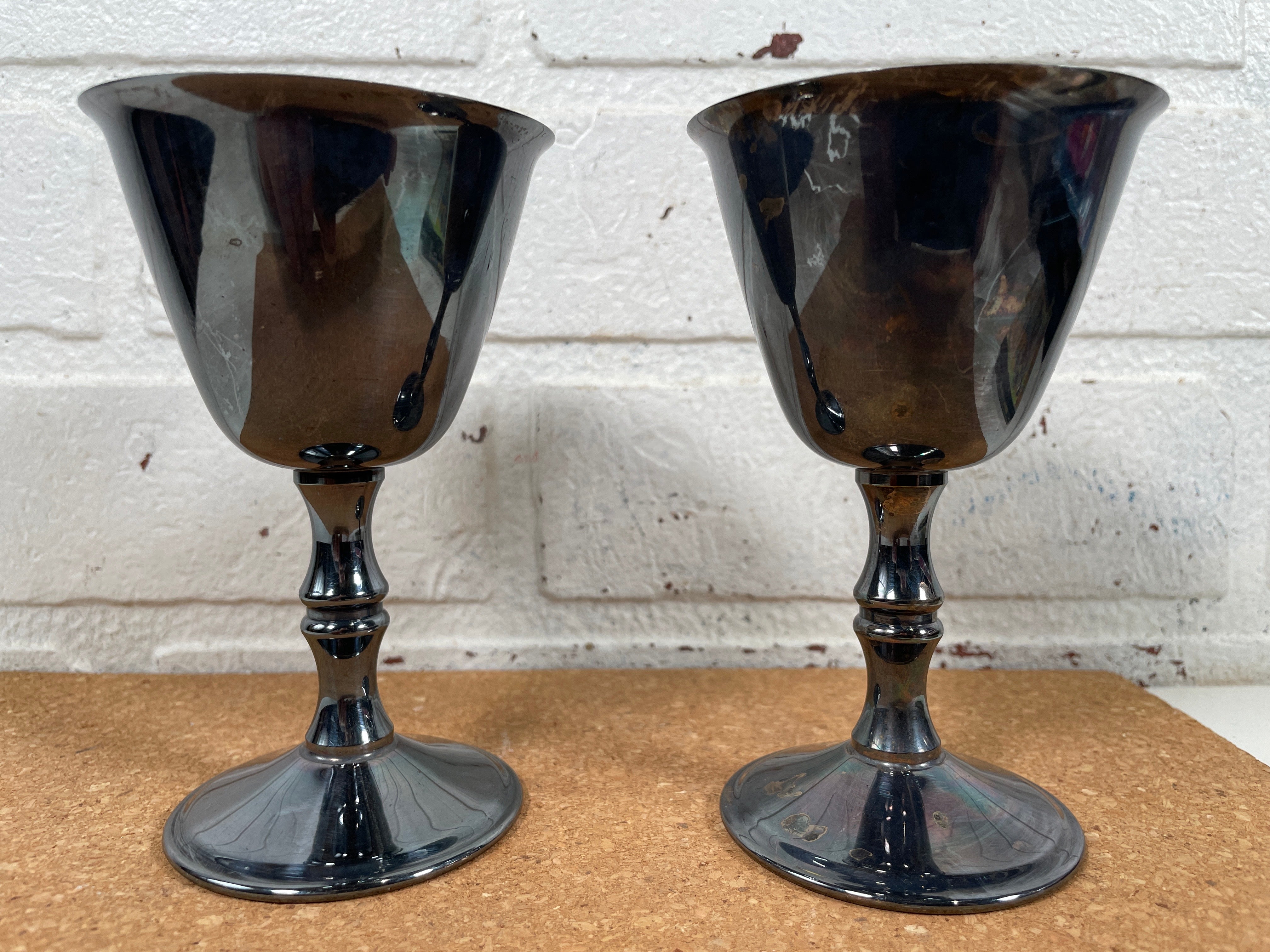 Vintage, Pair of Birks Primrose EP. Brass Wine Goblets Canada, Marked 3 oz. 5"Tall