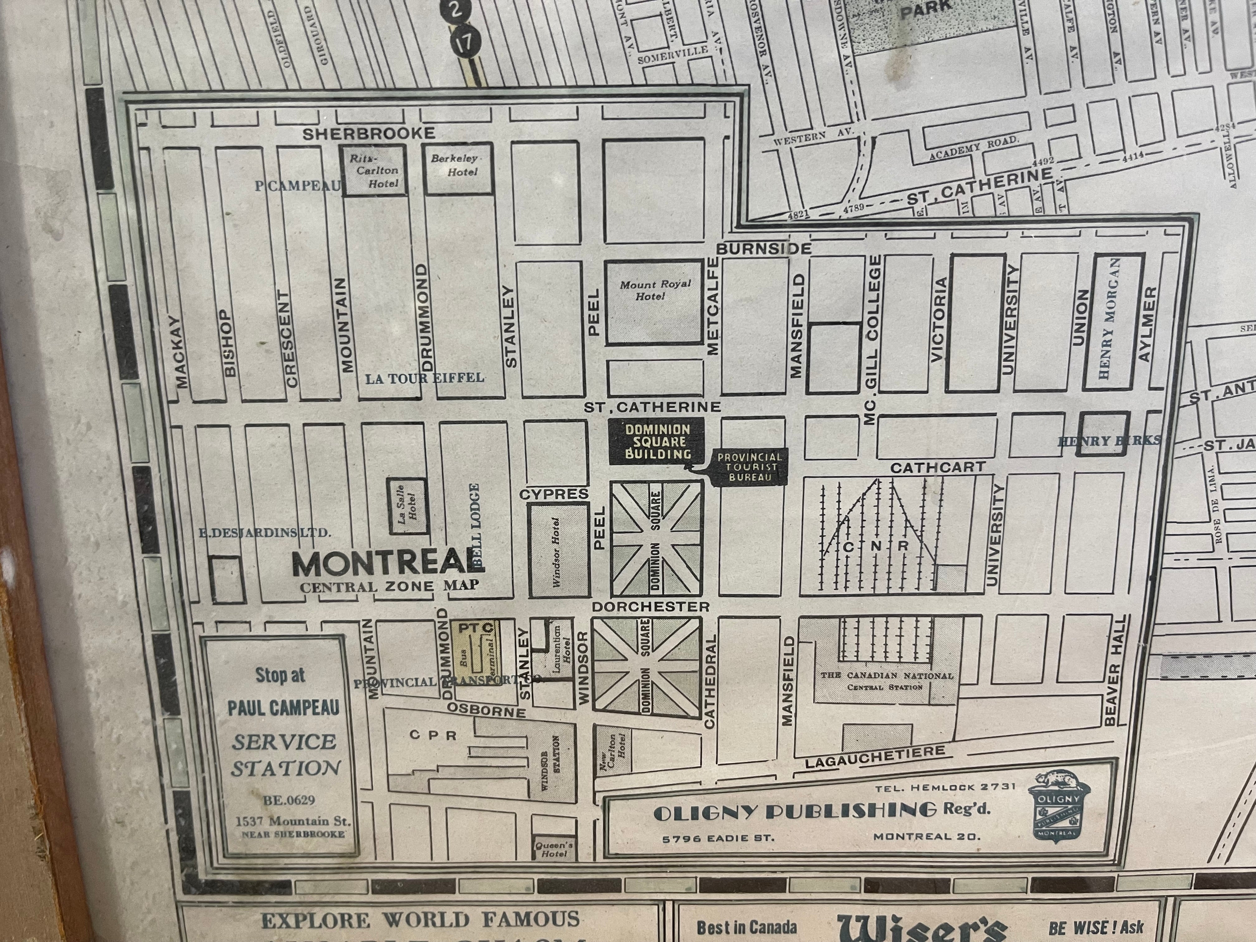 Framed 1950s Montreal Tourist Map – Vintage Oligny Wall Art