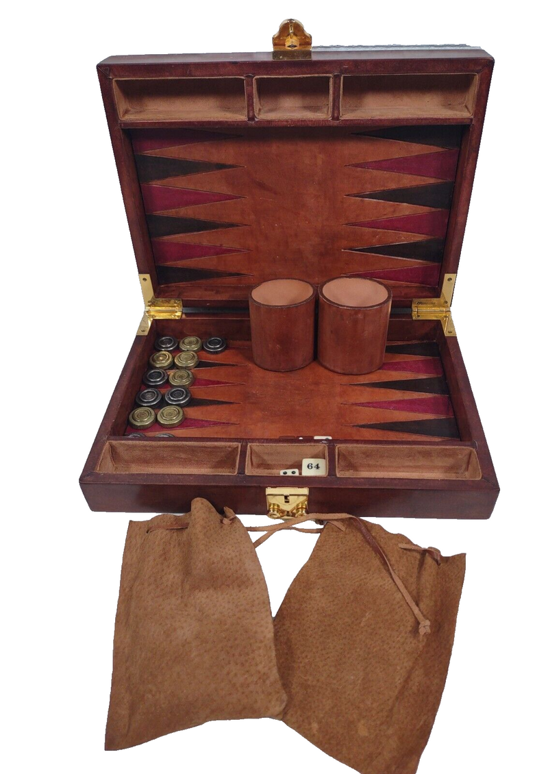 Vintage Backgammon in Brown Faux Leather Case, Metallic Pieces