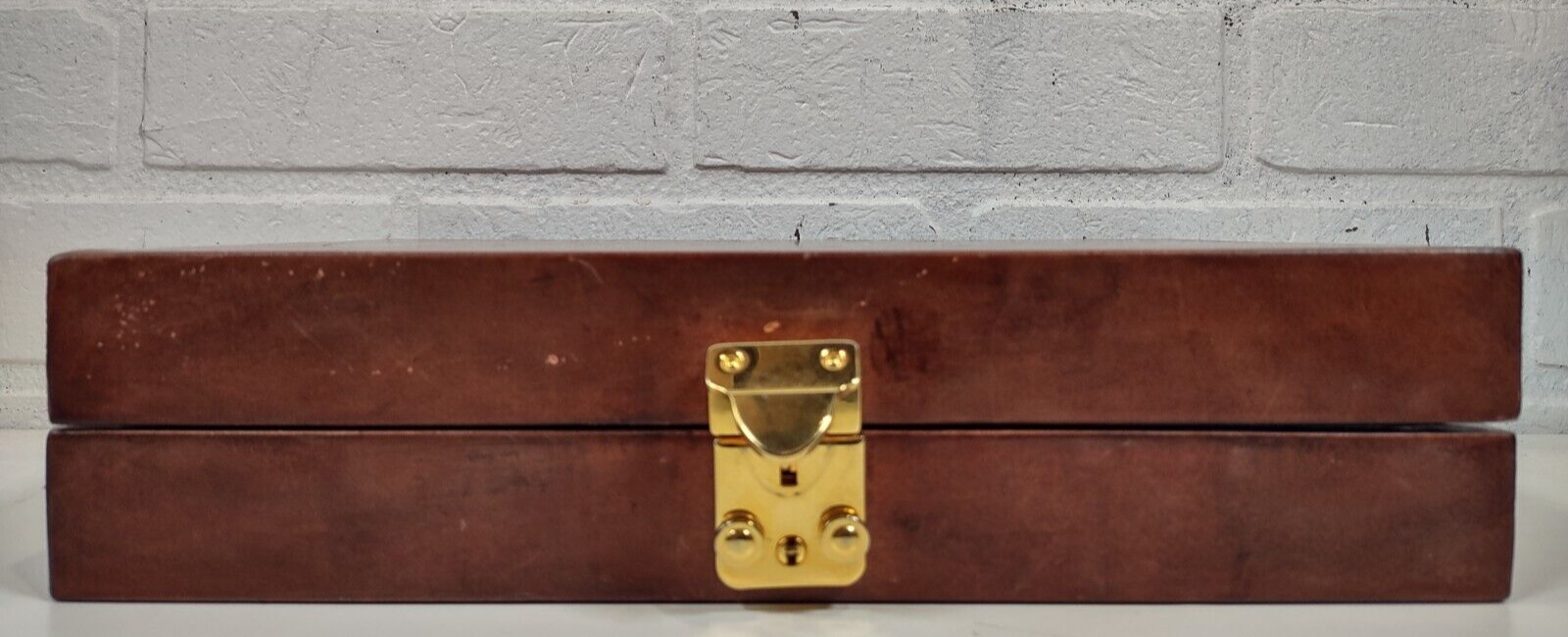 Vintage Backgammon in Brown Faux Leather Case, Metallic Pieces