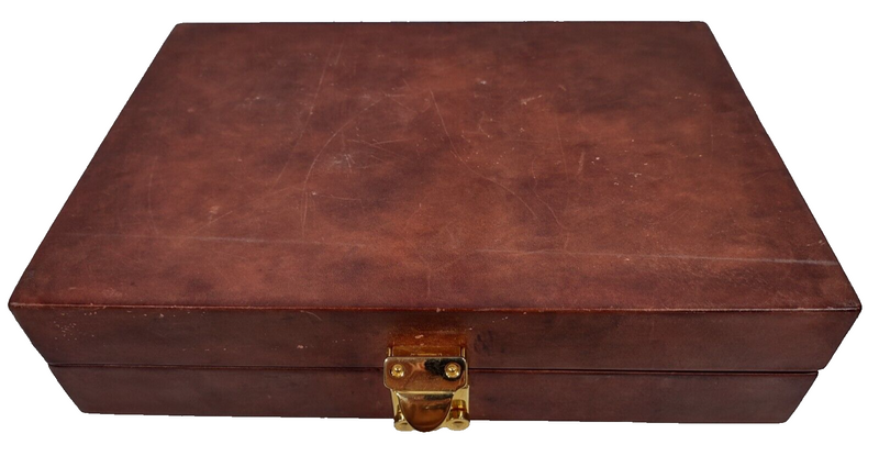 Vintage Backgammon in Brown Faux Leather Case, Metallic Pieces