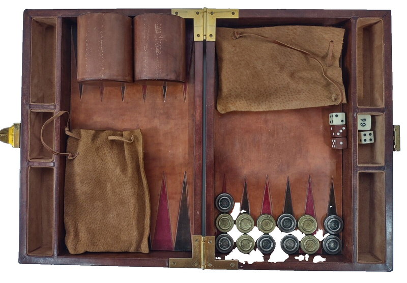 Vintage Backgammon in Brown Faux Leather Case, Metallic Pieces