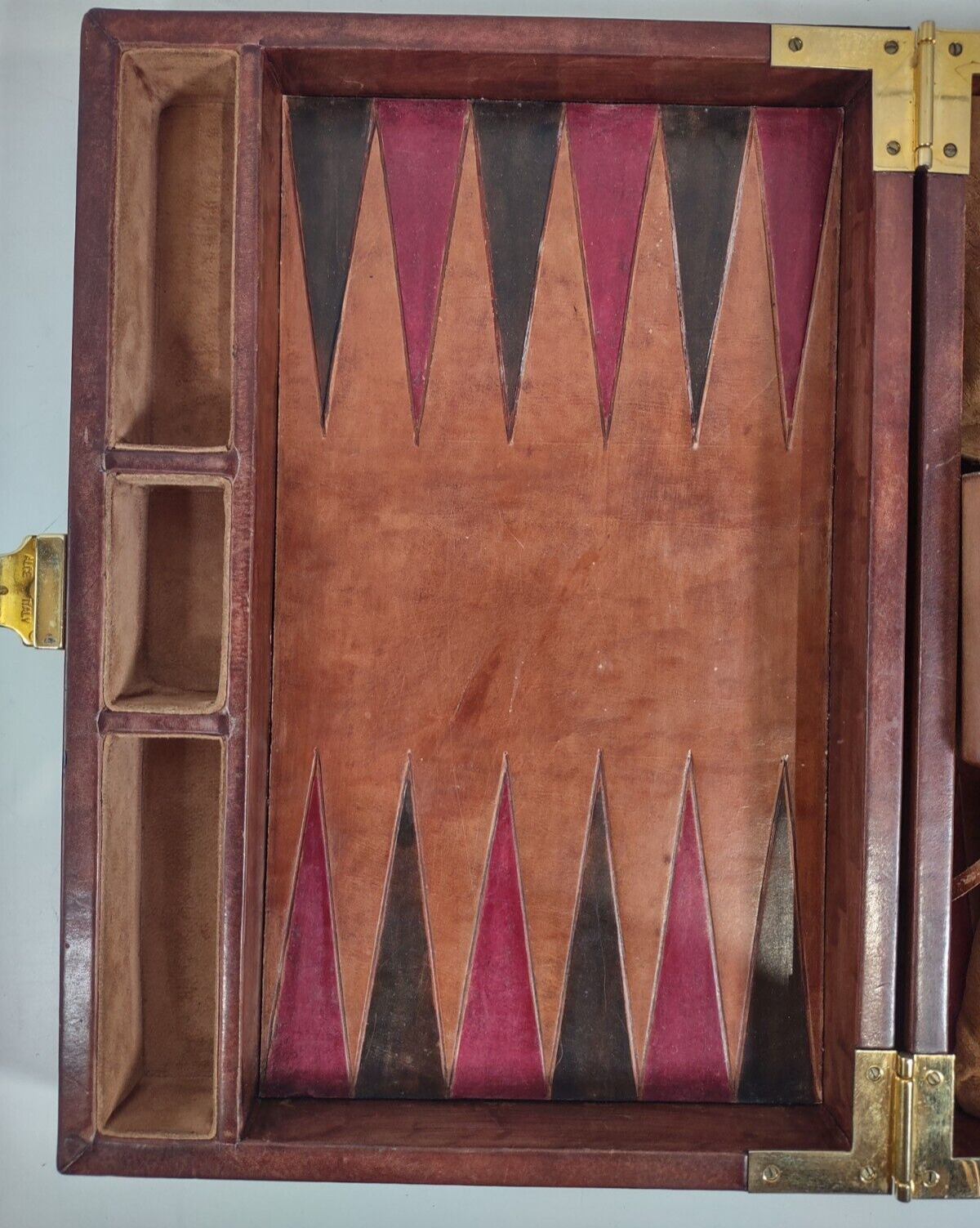 Vintage Backgammon in Brown Faux Leather Case, Metallic Pieces