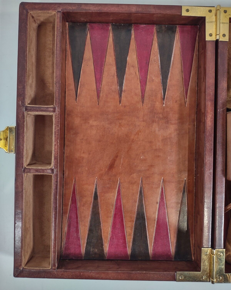 Vintage Backgammon in Brown Faux Leather Case, Metallic Pieces