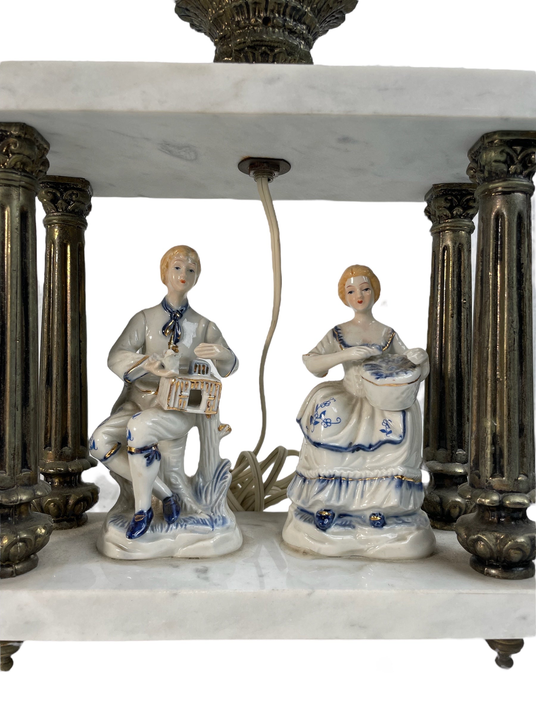 Vintage Murano Lamp featuring delicate Porcelain Collectible Figurines Marble Stand