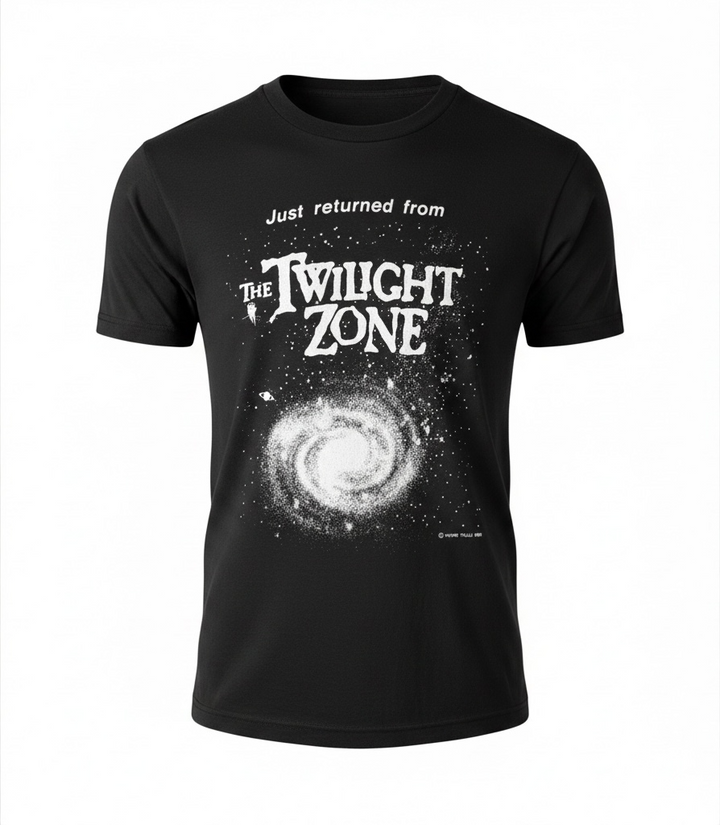 Authentic 1983 Twilight Zone vintage T-shirt on a Healthknit USA tag. Rare science fiction graphic tee featuring original artwork and classic 1980s styling.