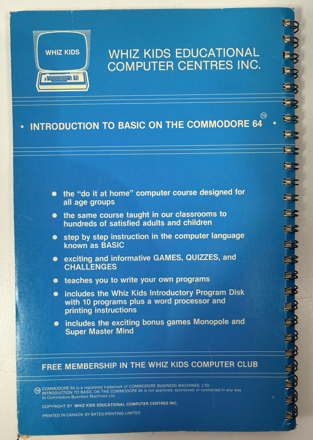 Original 1983 Whiz Kids Commodore 64 BASIC programming course manual with original 5¼-inch floppy disk. Rare Canadian retro computing collectible.