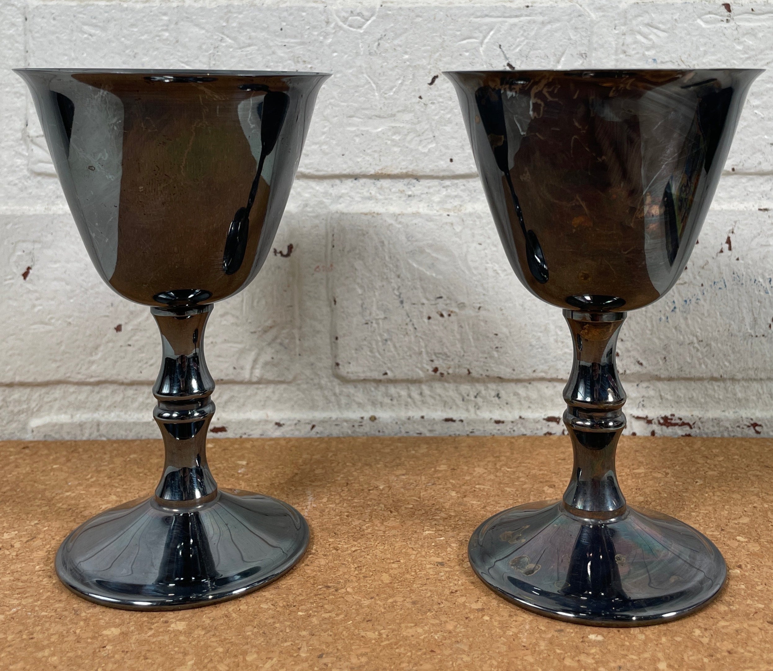 Vintage, Pair of Birks Primrose EP. Brass Wine Goblets Canada, Marked 3 oz. 5"Tall