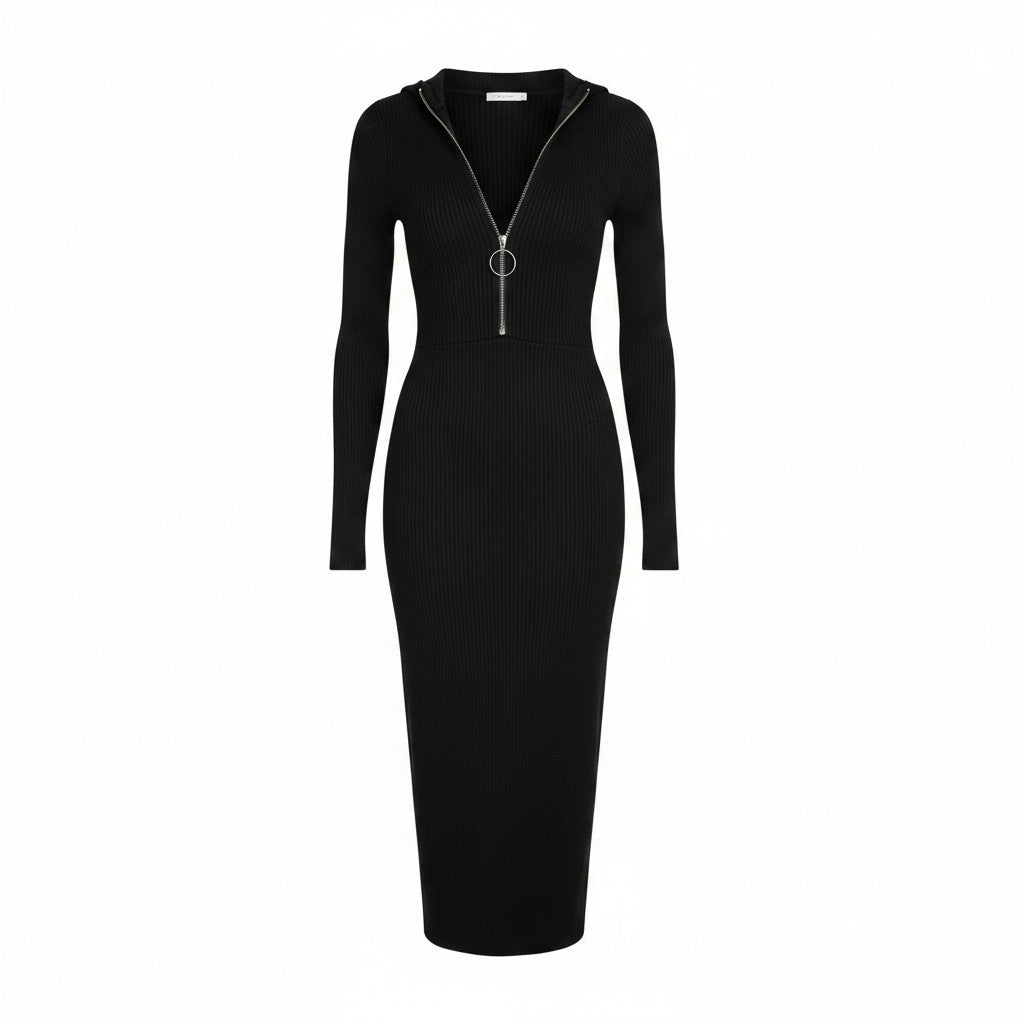 GUESS black ribbed knit bodycon dress in size medium, new with tags featuring convertible mock neck and zipper detail.