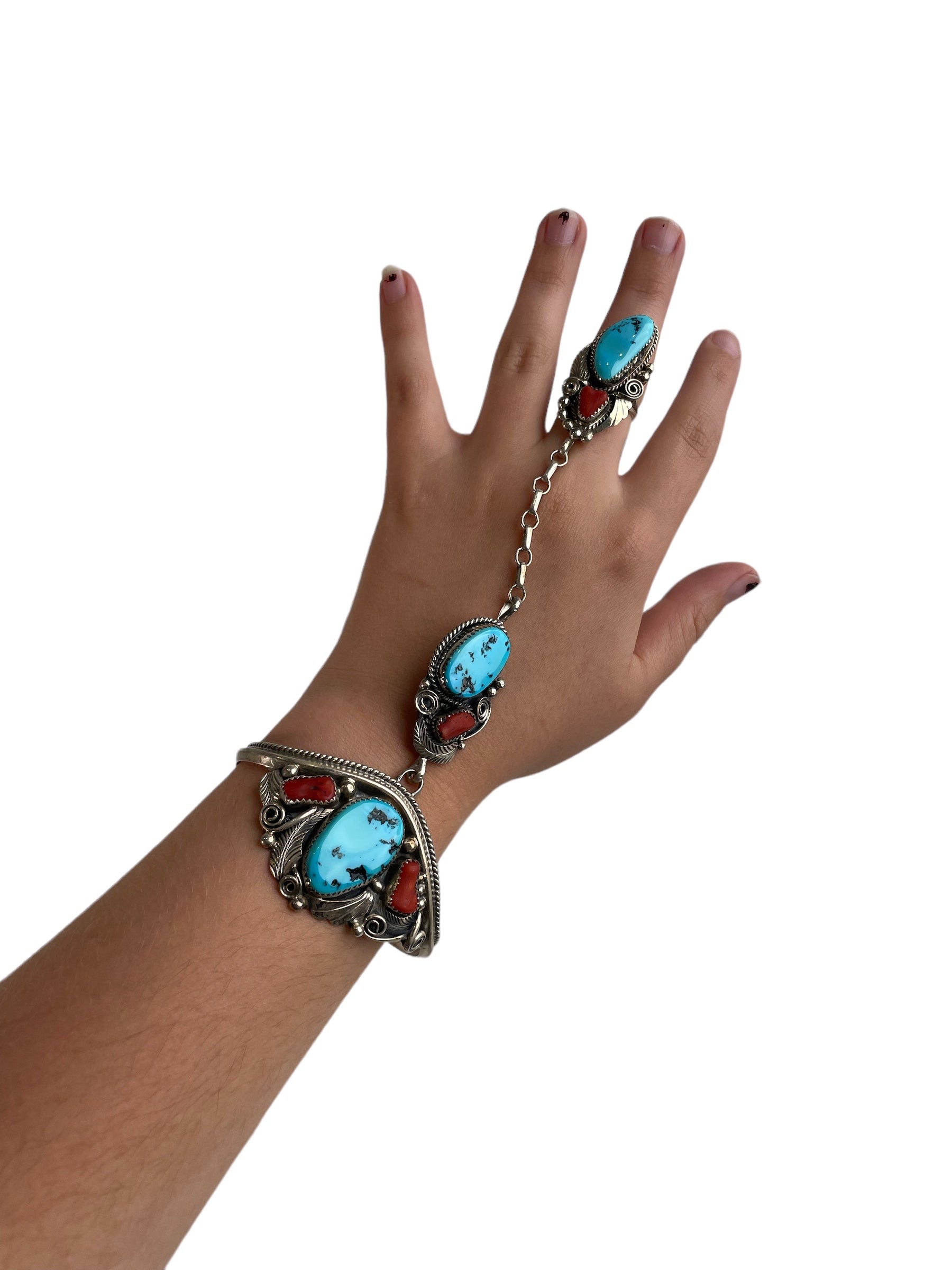 Bracelet Navajo .925 Argent Corail & Turquoise Bleue Signé par Justin Morris