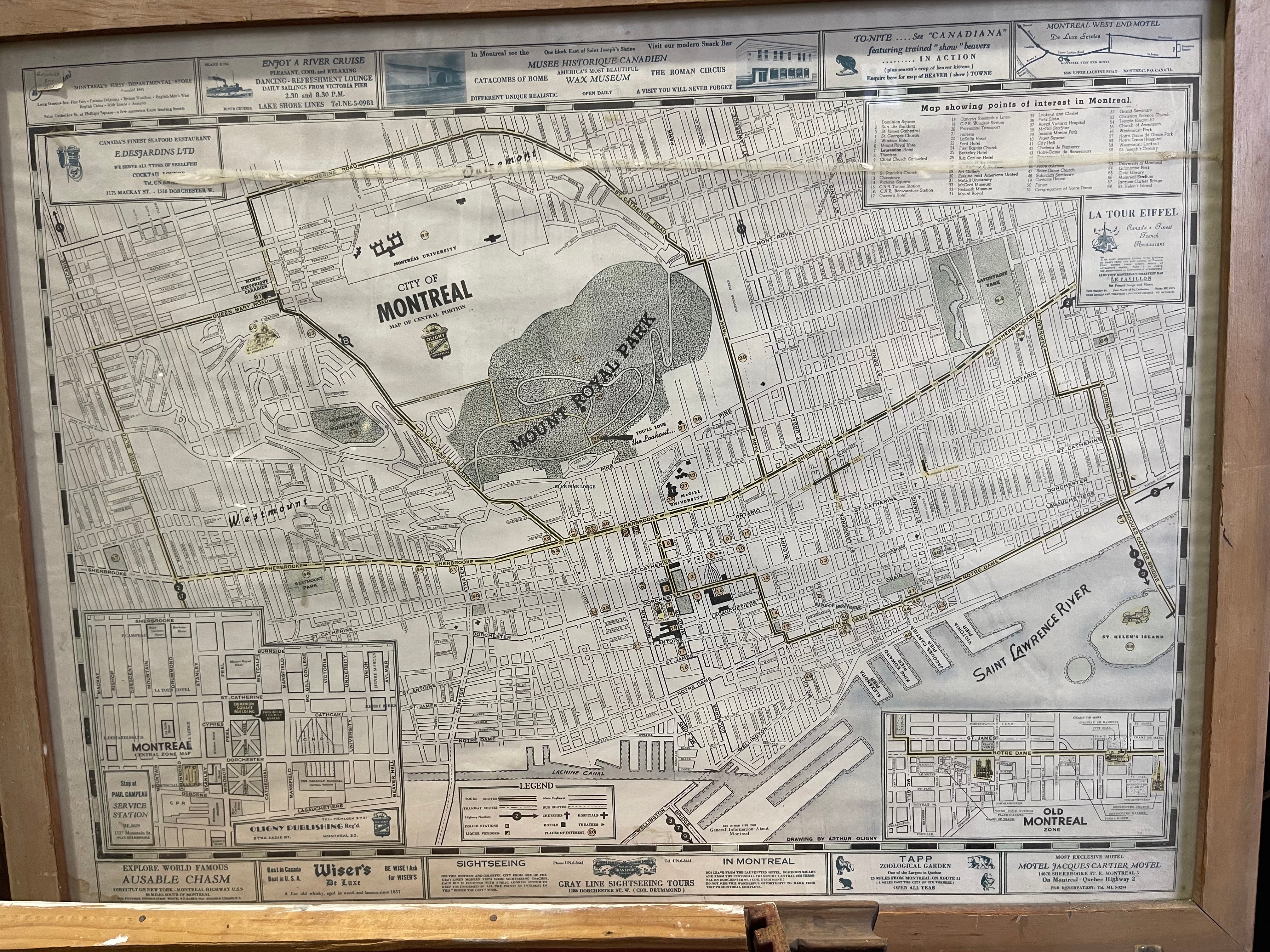 Framed 1950s Montreal Tourist Map – Vintage Oligny Wall Art