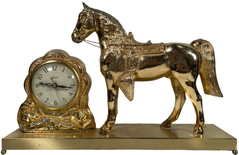 Vintage UNITED Horse Clock Brass Tone Metal Base, Works Excellent