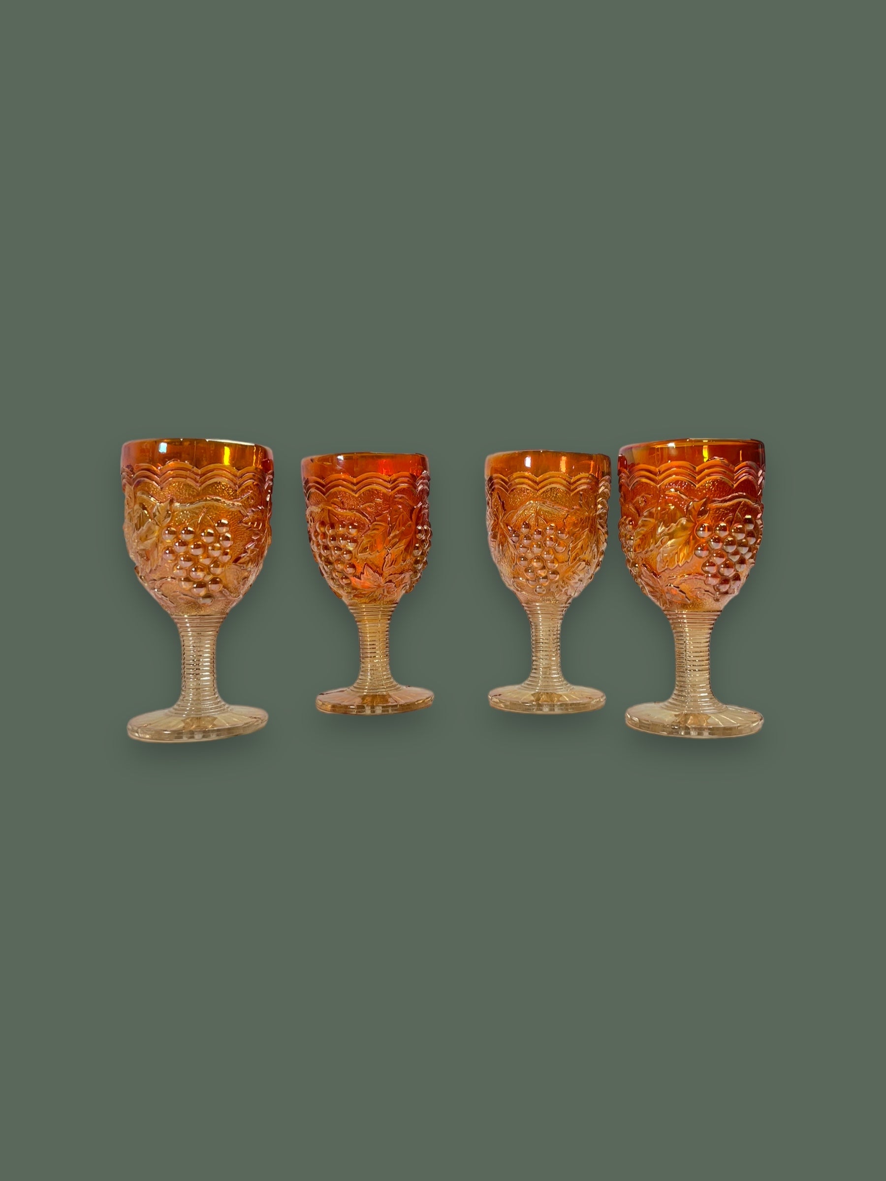 Set of 4 IMPERIAL Marigold Carnival Glass Grapes Wine Goblets
