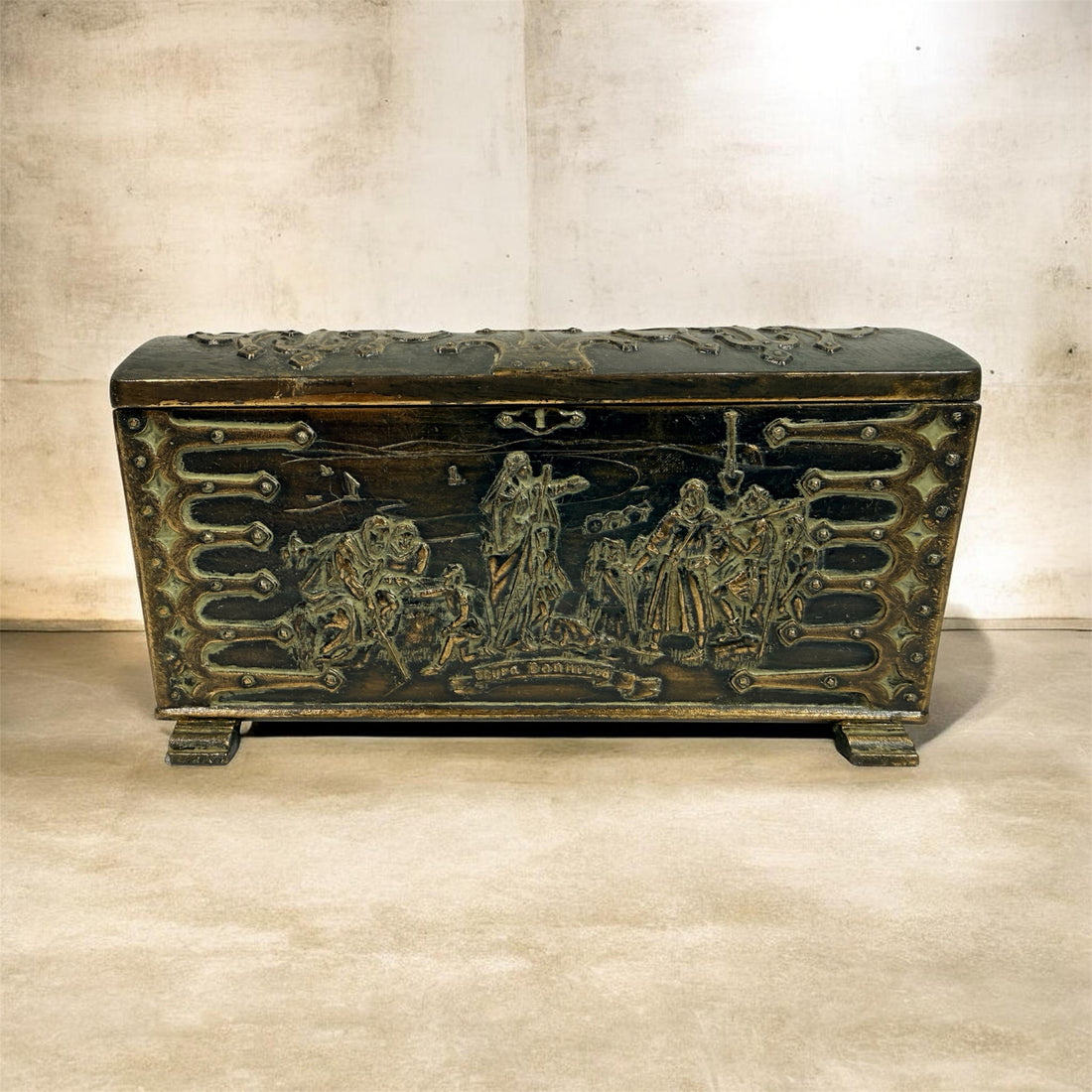 Vintage Danish bronze box by Edw Aagaard with Viking relief and wood interior. Mid-century collectible jewelry or keepsake box with rich patina.