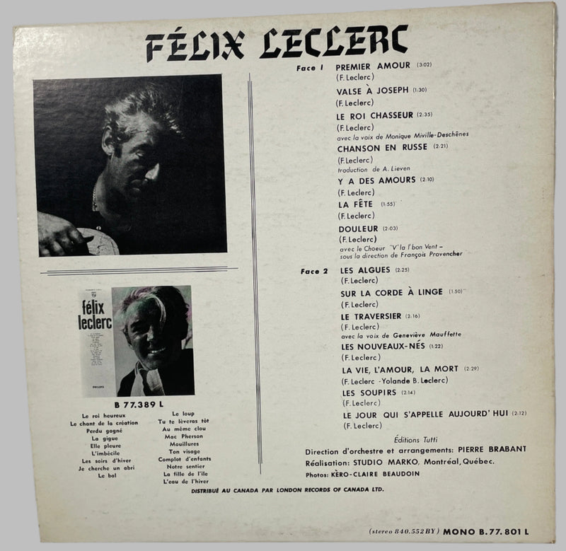 FELIX LECLERC, SELF TITLED, LP VINYL-Canada Pressing- PHILIPS B 77.389 L, 1964