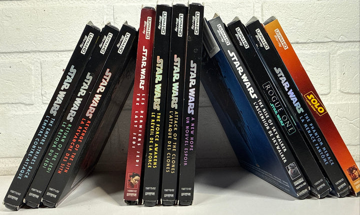 Complete 11-movie Star Wars 4K Ultra HD Blu-ray collection with original slipcovers, including Rogue One and Solo. Official Disney releases in excellent pre-owned condition.