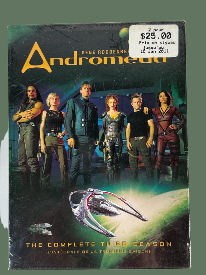 DVD box set cover of 'Andromeda' with characters and spaceship on a dark background
