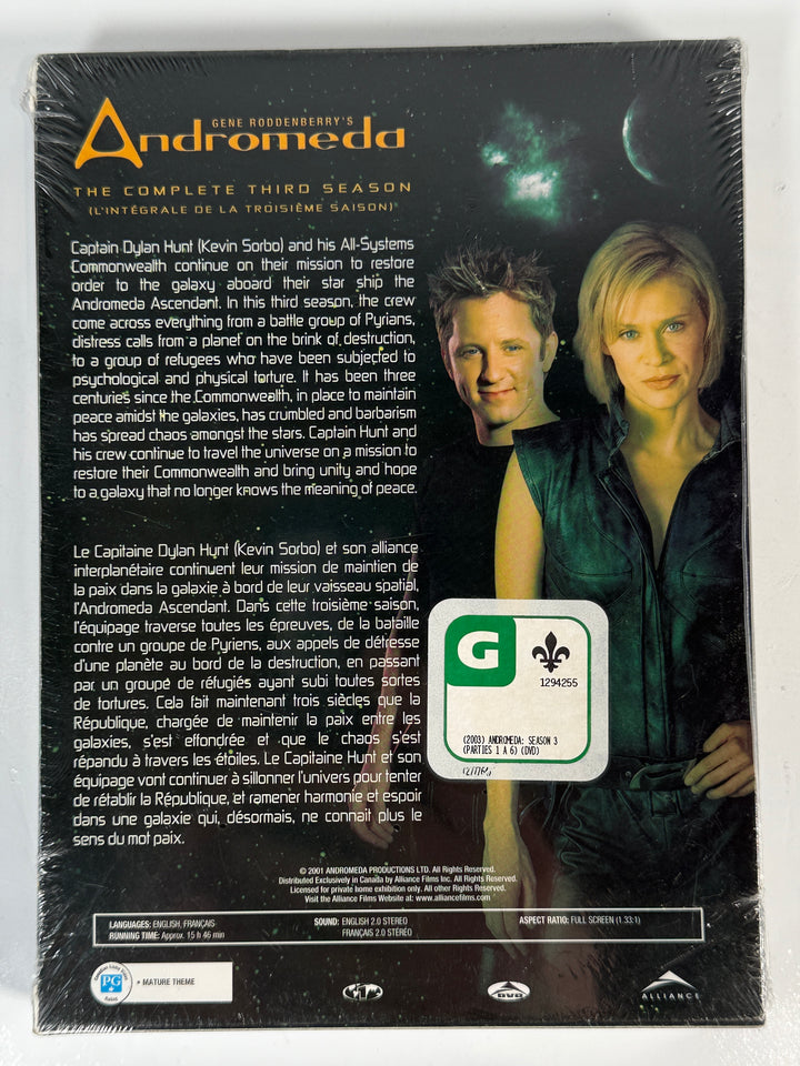 Back cover of 'Andromeda' DVD box set with character images and text.