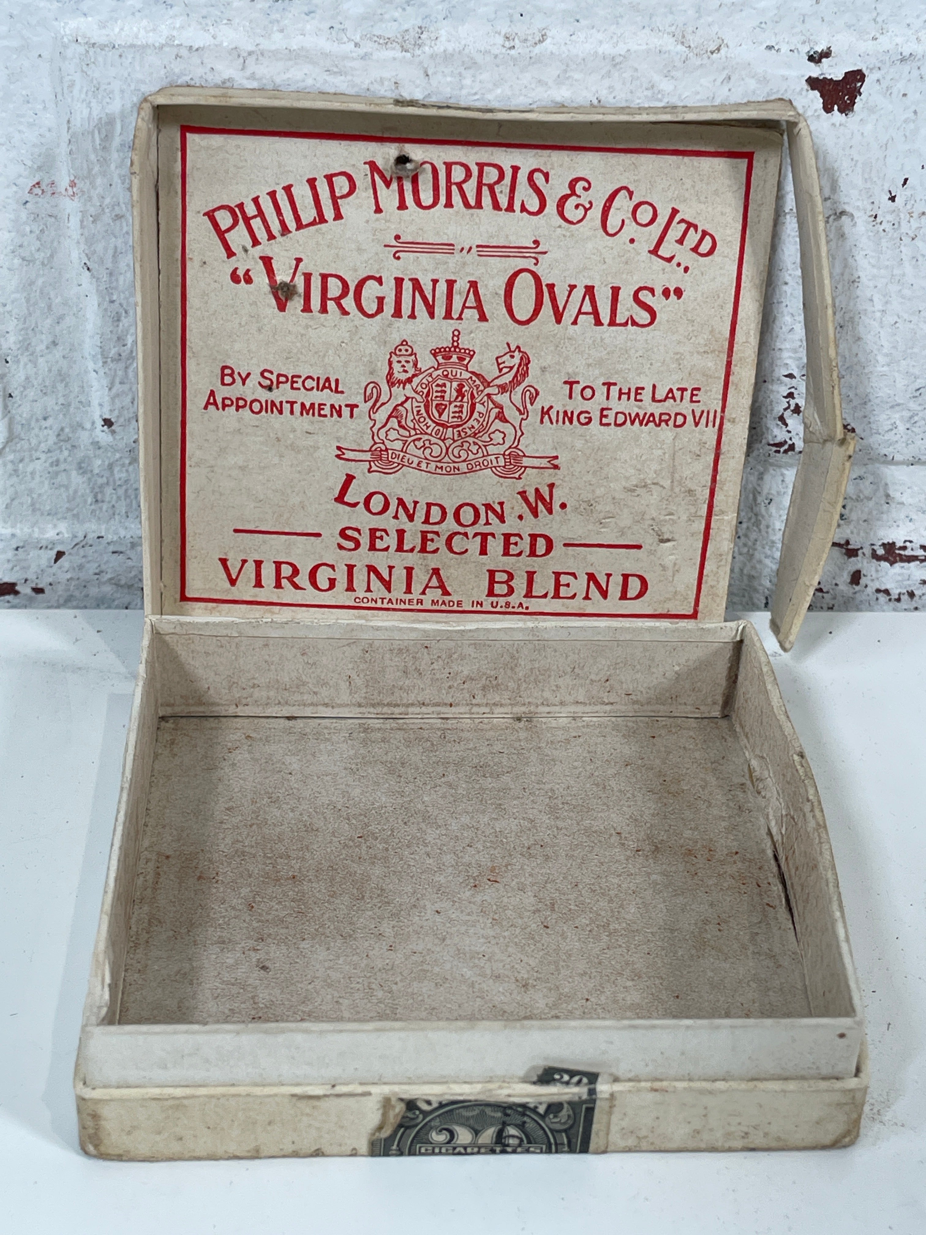 Boîte à cigarettes à charnière vintage Philip Morris Virginia Ovals avec timbre fiscal vide