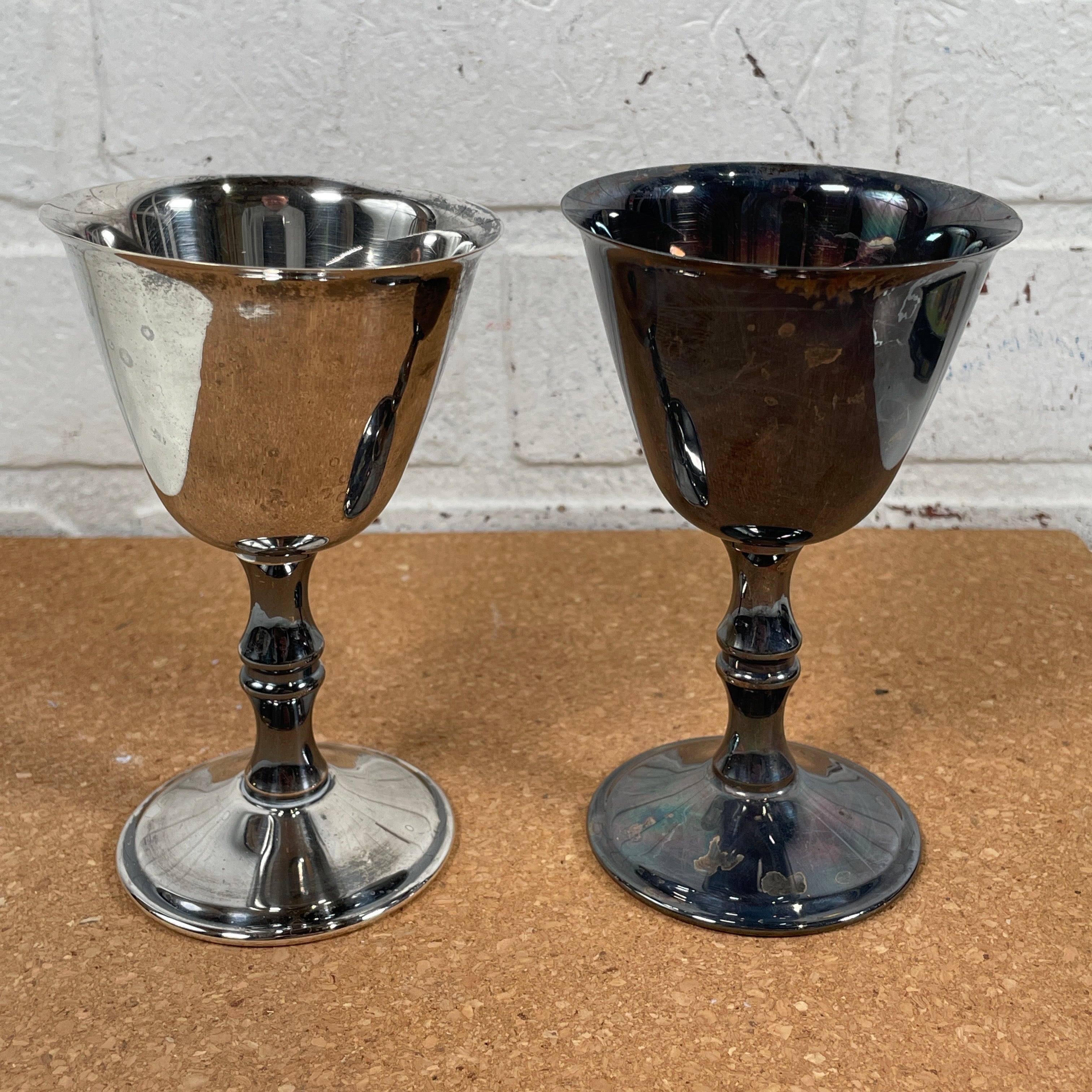 Vintage, Pair of Birks Primrose EP. Brass Wine Goblets Canada, Marked 3 oz. 5"Tall