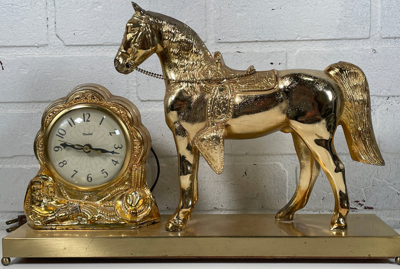 Vintage UNITED Horse Clock Brass Tone Metal Base, Works Excellent