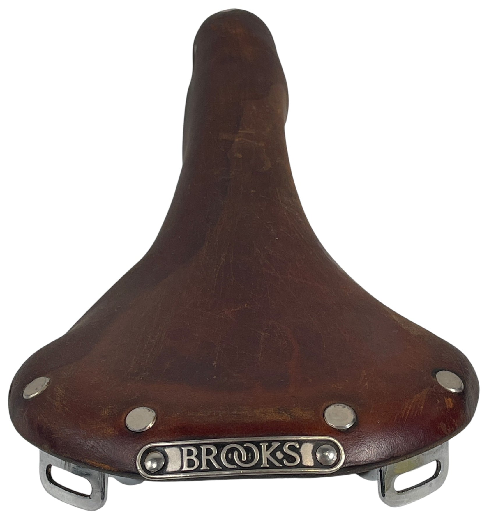 Brooks, England Brown leather bicycle seat with 'Brooks' branding on a white background