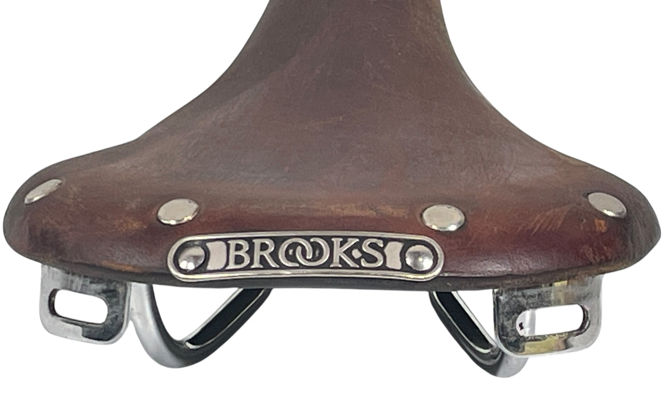 Brown leather bicycle saddle with 'Brooks' branding on a white background