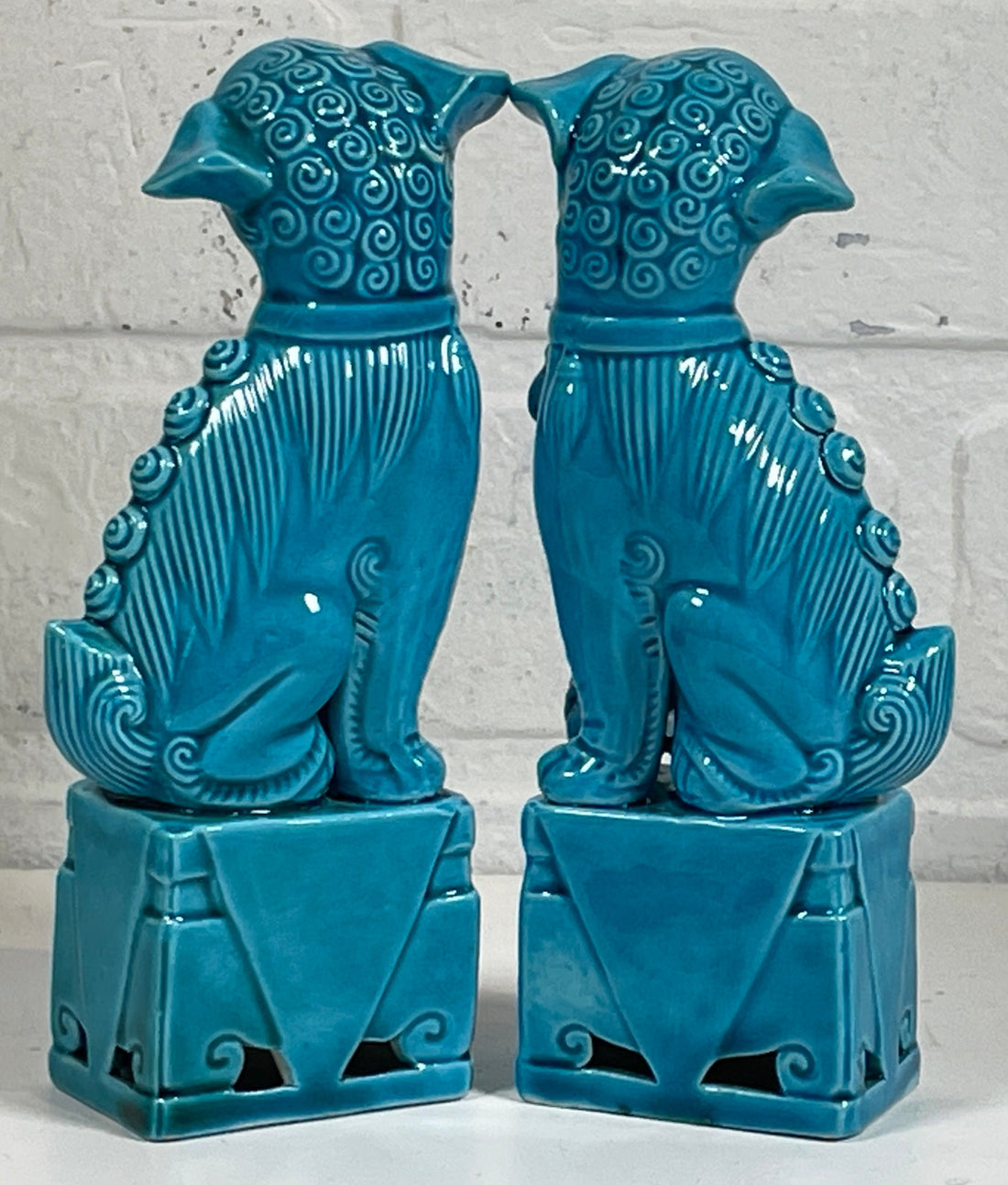 Pair of Vintage Turquoise Blue Glazed Ceramic Chinese Foo Dogs 6” Tall
