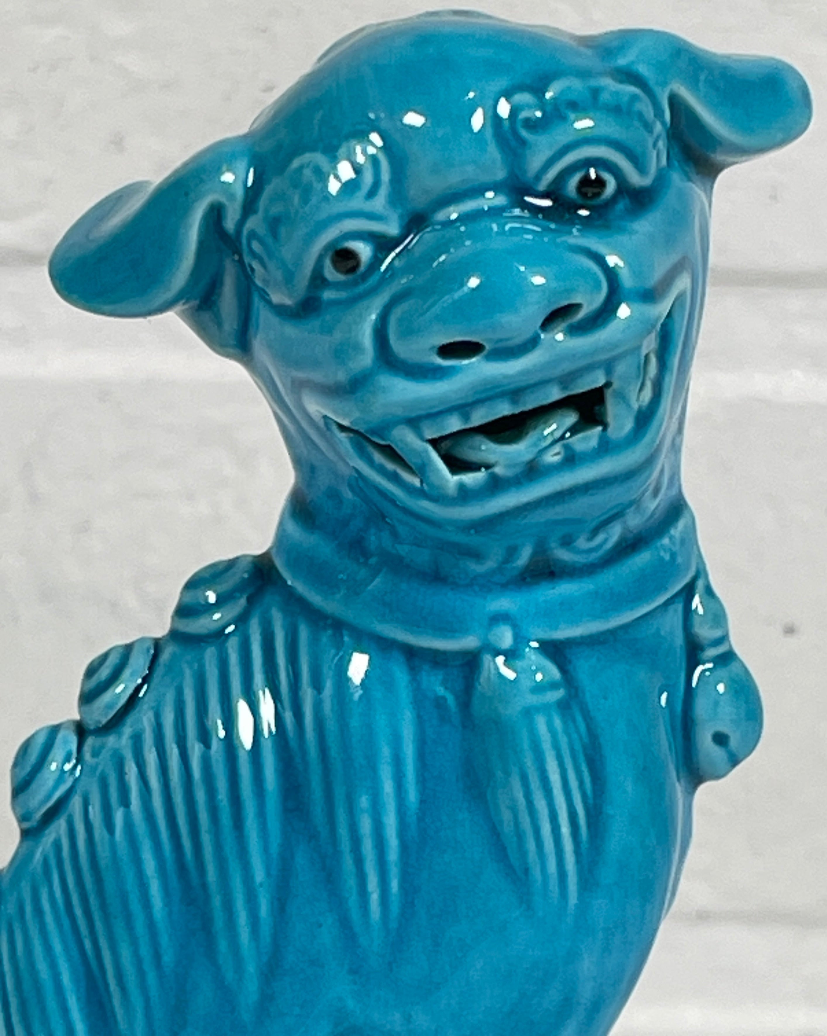 Pair of Vintage Turquoise Blue Glazed Ceramic Chinese Foo Dogs 6” Tall