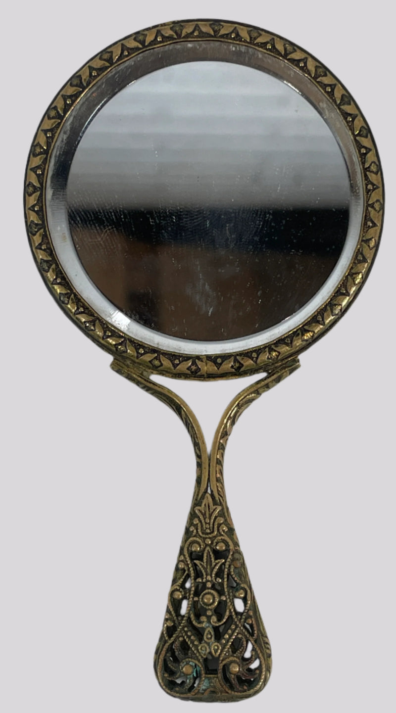 Antique Small Mirror in Brass Decorative Pattern. Embroidery on the Back