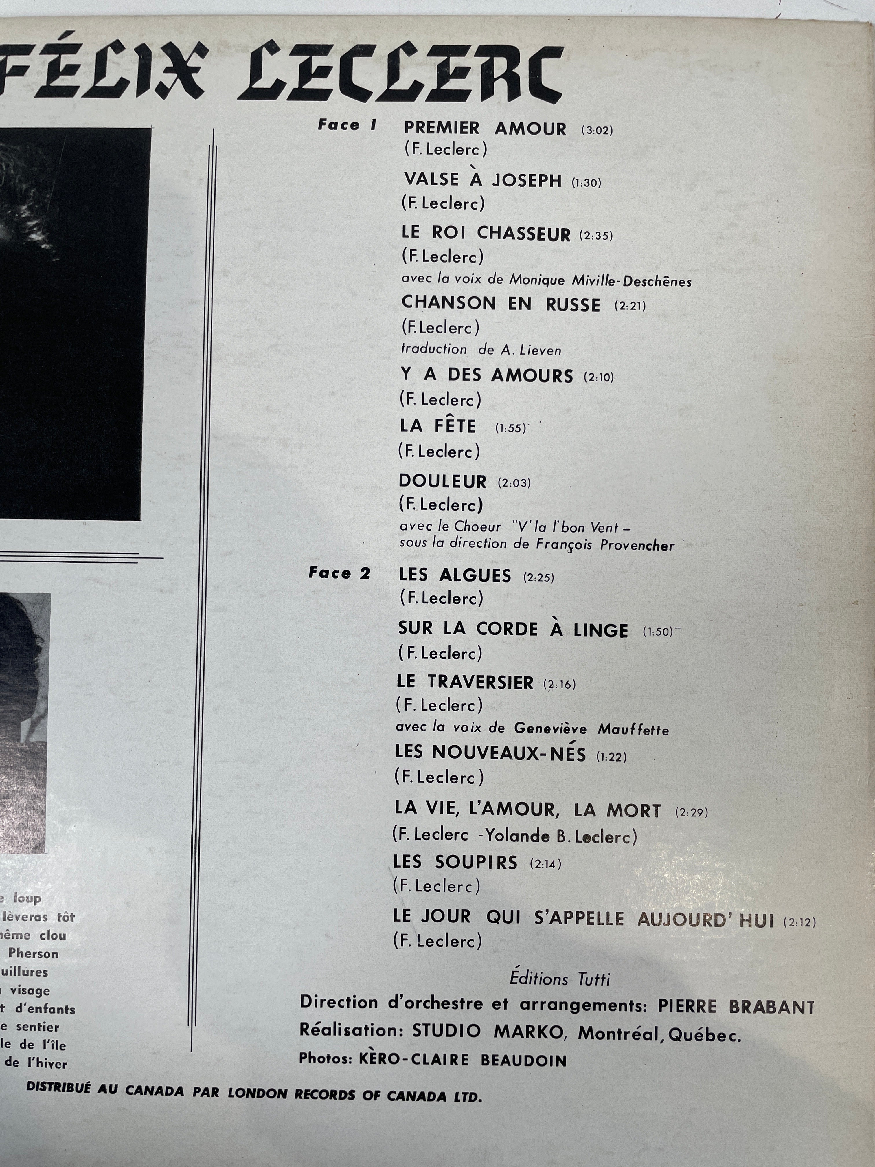 FELIX LECLERC, SELF TITLED, LP VINYL-Canada Pressing- PHILIPS B 77.389 L, 1964